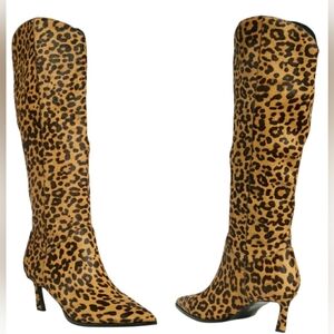 Western Baddie Sexy Fur Leopard Print Knee-High Kitten Heel  Boots Pull On New